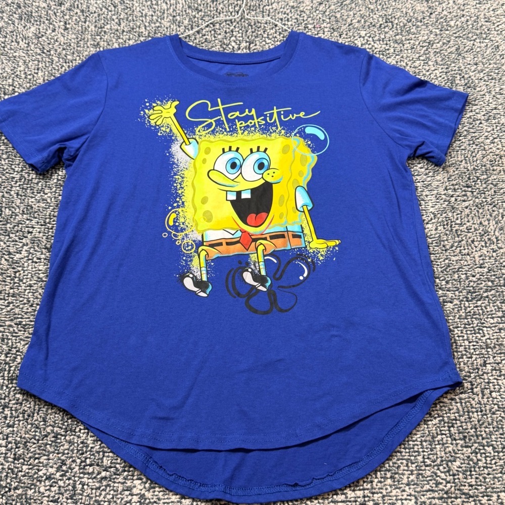 SpongeBob SquarePants Stay Positive Blue Graphic T-Shirt XL Curved Hem